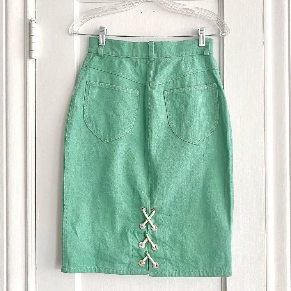 💚 WALK OF SHAME High Waisted Denim Pencil Skirt in Mint Green from Need Supply - Picture 7 of 10